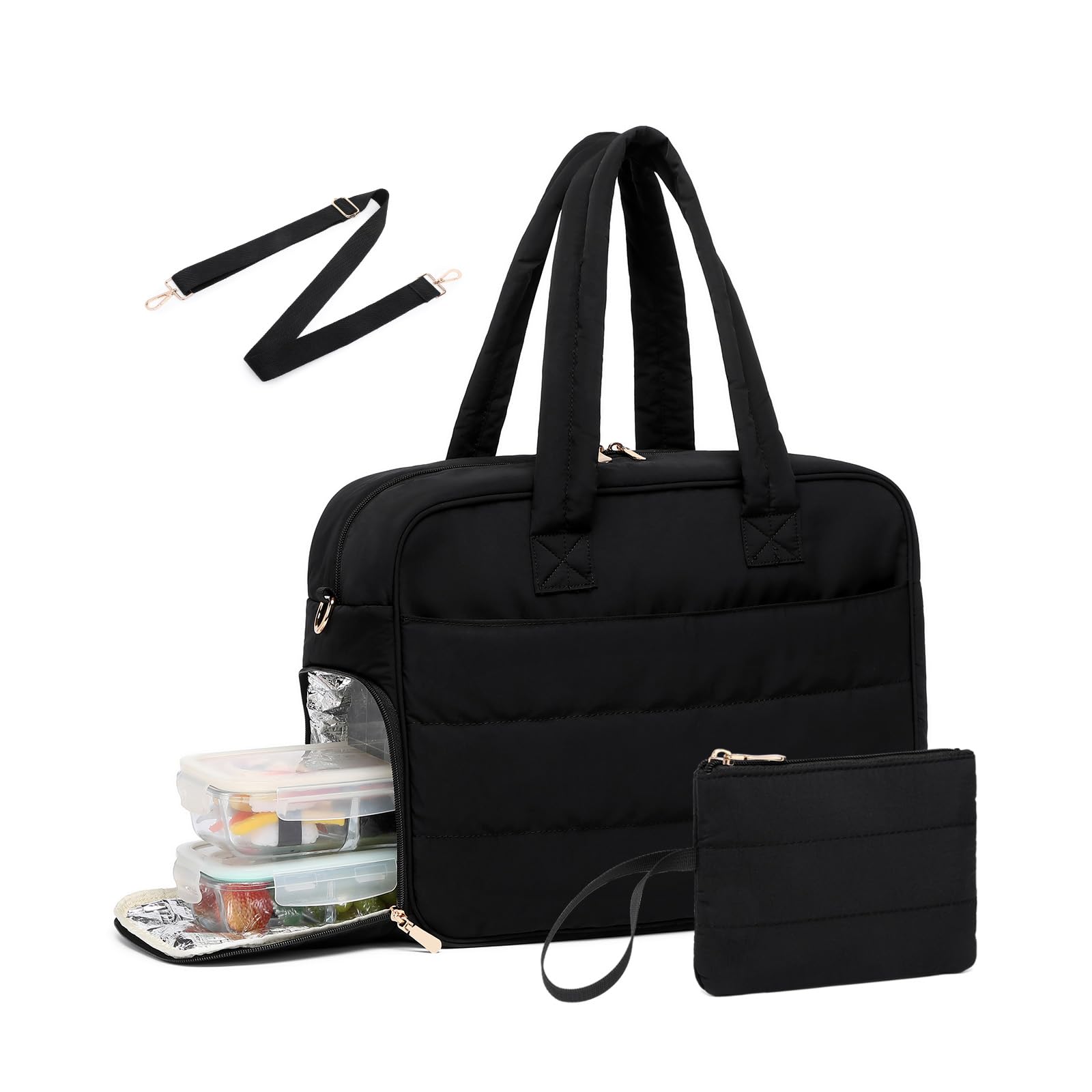 Photo 1 of Lunch Tote Bag for Women Work, 17.3 Inch Laptop Purse with Insulated Lunch Compartment Coin Wallet for Meal, Large Puffy Quilted Travel Duffle Bag Black