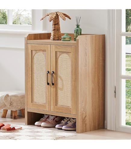 Shoe Organizer Rattan Shoe Cabinet With Doors, Wooden Shoe