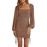 Imysty Womens Mesh Long Sleeve Square Neck Bodycon Ruched Party Cocktail Drawstring Mini Dress