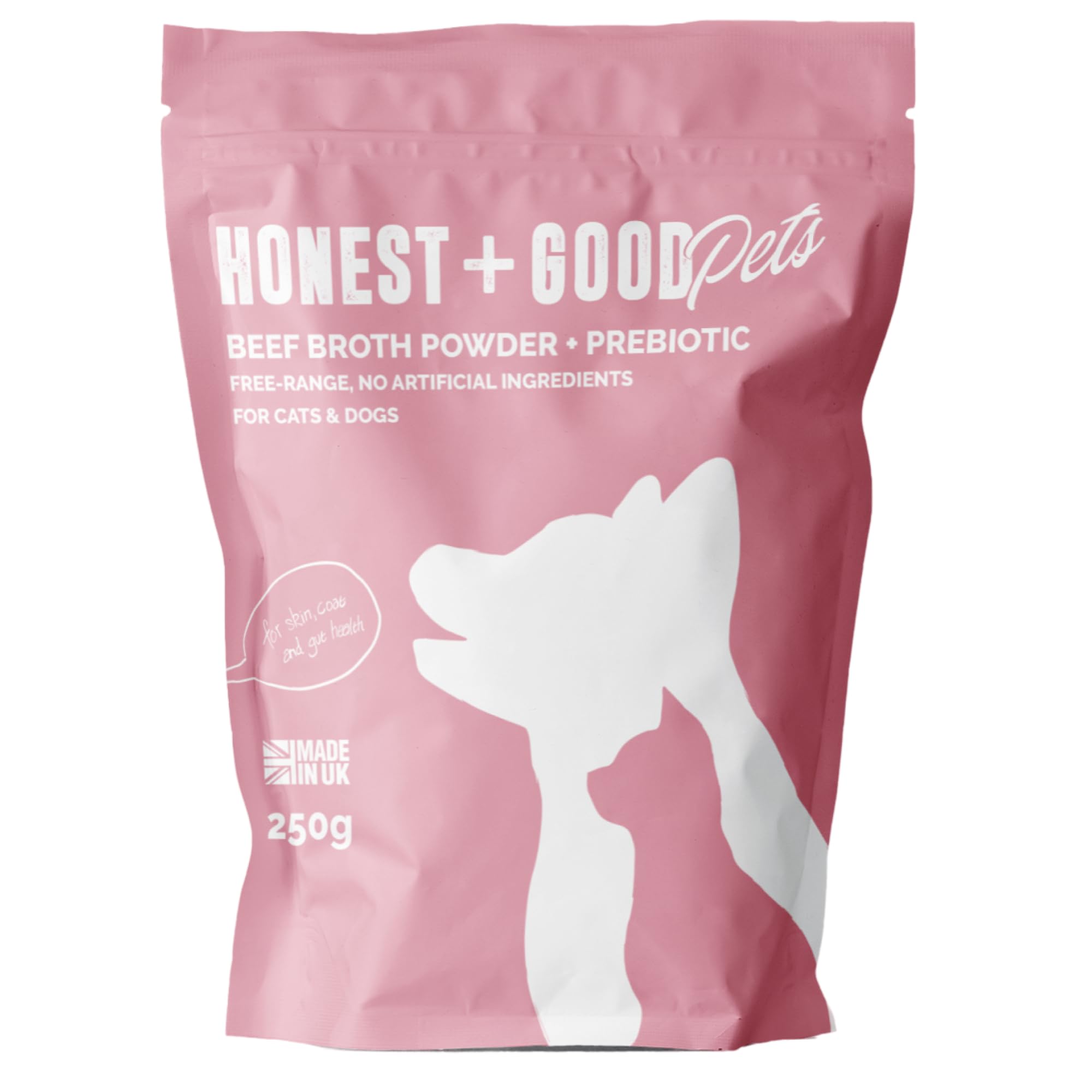 Honest + Good Pet Beef Bone Broth & Pre-Biotic - 250 g | 50 Servings | Supports Gut Health, Hydration, Skin & Coat for Dogs & Cats | High in Types I & III Collagen, Electrolytes & Fibre