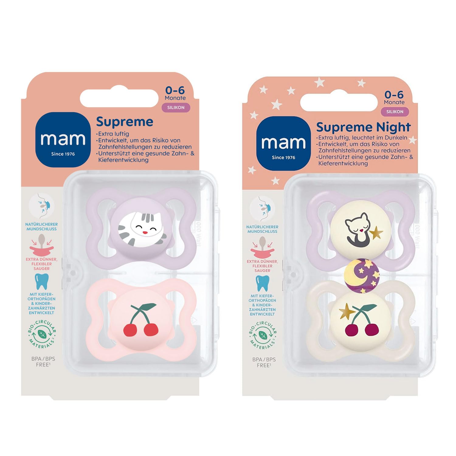 MAM Dental Dummy Supreme 0-6 Months, Pack of 4, Girls, Orthodontic Soother, Thin Teat, Skin-Friendly with Extra air Flow, incl. Travel case