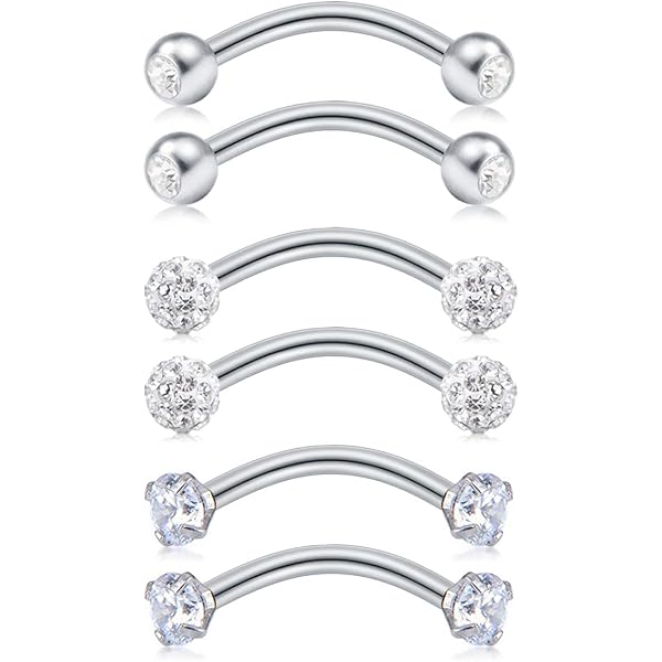 16G 10mm Zircon Curved Steel Eyebrow Ring – Surgical Steel Barbell Tragus Piercing Jewelry