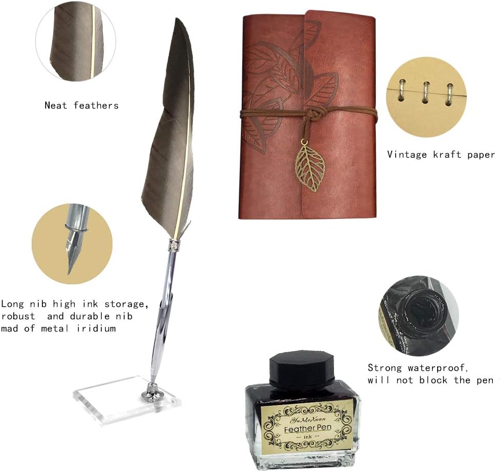 GCCL Quill Pen and Ink Set, Antique Feather Dip Calligraphy Pen Set, including Quill Pen, 5 Replacement Nibs, Pen Nib Base - Image 3