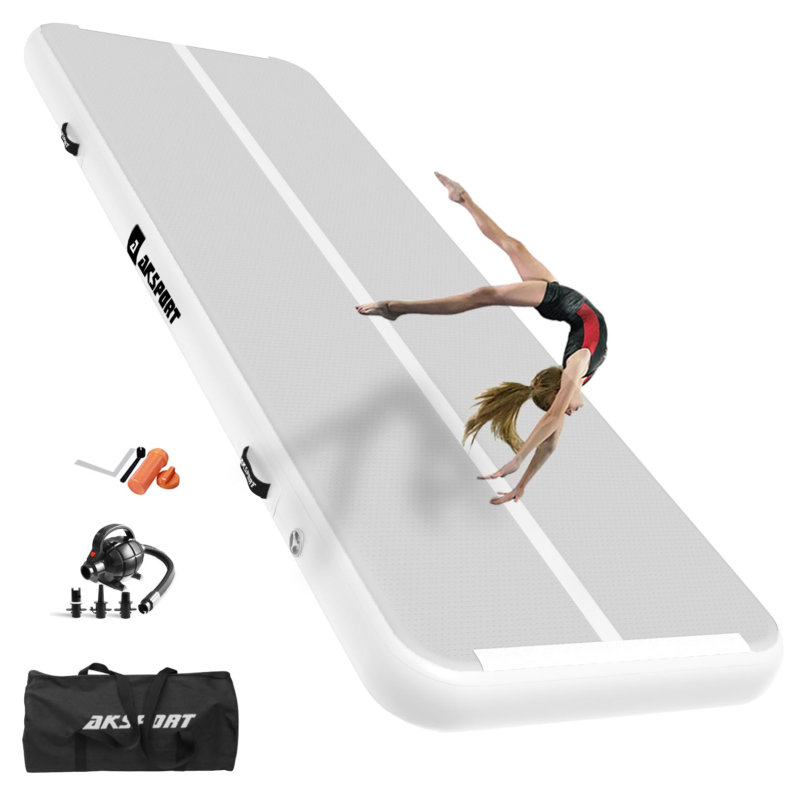 Photo 1 of AKSPORT Gymnastics Air Mat Tumble Track Tumbling Mat Inflatable Floor Mats with Electric Air Pump for Home Use/Tumble/Gym/Training/Cheerleading/Parkour/Beach/Park/Water(white, 9.84ft)