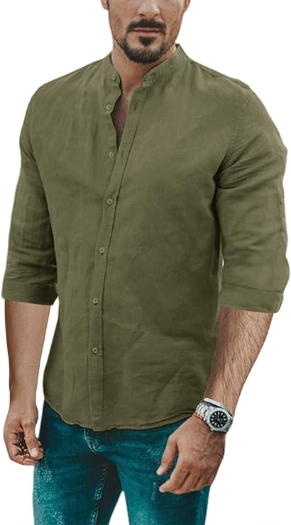 Men's Half Sleeve Summer Linen Cotton Shirts Button Up Shirt Basic Beach Causal Rolled Up Band 