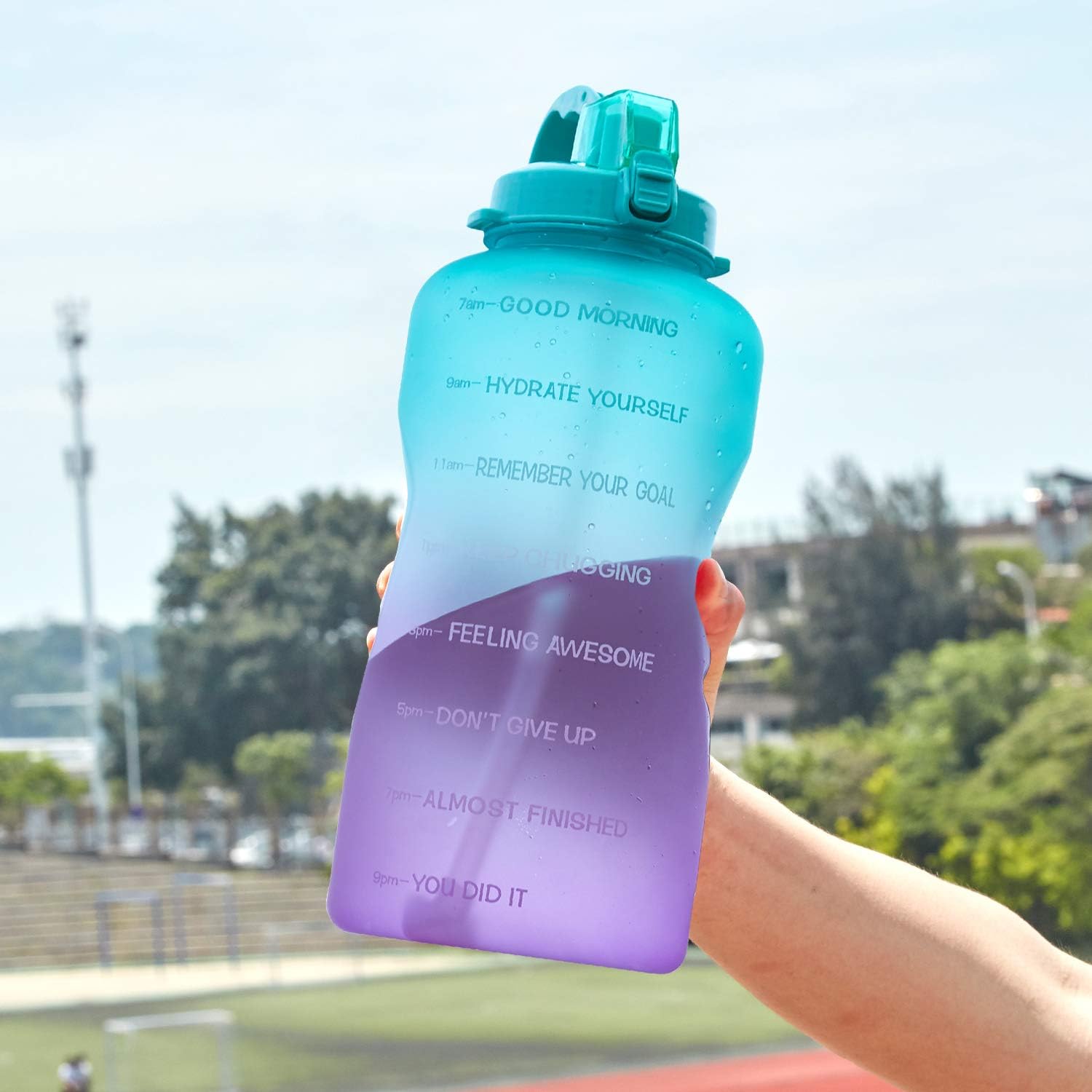Giotto Large 1 Gallon/128oz (When Full) Motivational Water Bottle with Time Marker & Straw, Leakproof Tritan BPA Free for Fitness, Gym and Outdoor Sports-Green/Pink Gradient : Sports & Outdoors