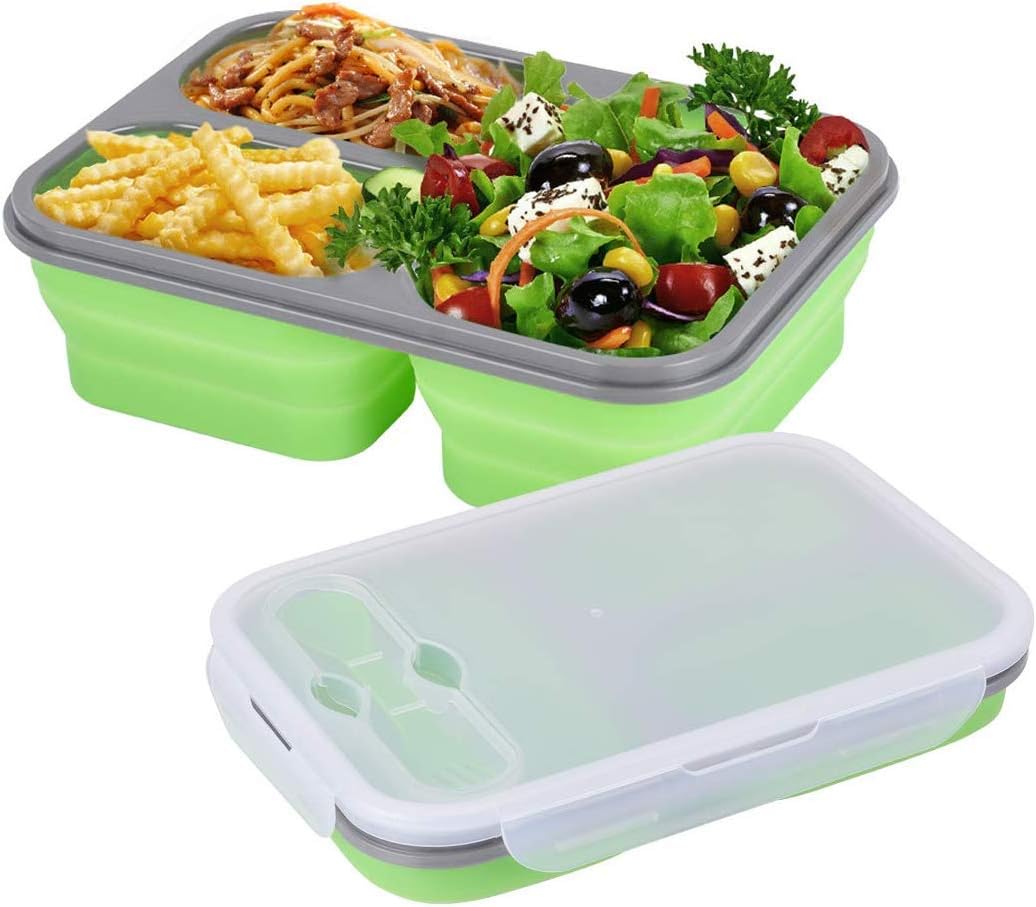Collapsible Silicone Food Storage Container, Lunch Bento Box, 3-Compartment with Fork Spoon