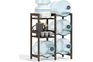 BETSEO 5 Gallon Water Jug Holder (Natural Solid Wood) 4 Water Bottle Holder Slots with 2-Layer Storage Shelves, 5 Gal Water Bottle Holder Storage Rack, Water Dispenser Stand for Home/Office/Garage Organizer
