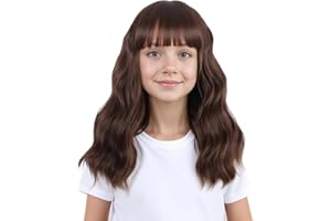 Ufindcos Kids Chocolate Brown Wig with Bangs Child Short Curly Wavy Light Brown Wigs 14 inches Chocolate Wigs for Kids Girls