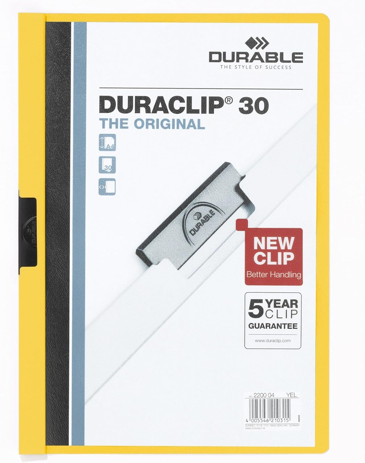 Durable DURACLIP 30 A4 Clip Folder - Holds Up to 30 Sheets of A4 Paper - Strong Metal Sprung Clip - Pack of 25 Yellow Colour Folders for Organising Documents