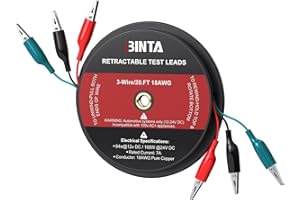 BINTA 3 Wire 20 Ft Retractable Test Leads, Red/Black/Blue Alligator Clip Test Leads, 18 AWG Gauge Wire for Electrical Testing