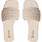 Verdusa Women's Vacation Faux Pearls Square Open Toe Slip on Slippers PU Leather Elegant Flat Sandals