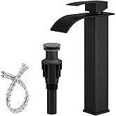 Bathfinesse Vessel Sink Faucet Waterfall Bathroom Faucet Matte Black Stainless Steel Tall Single Handle One Hole Deck Mount Bowl Vanity Sink Faucet with Pop-up Drain Stopper