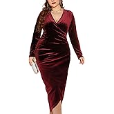 TINSTREE Womens Plus Size Long Sleeve Velvet Bodycon Dresses Sexy Ruched Wrap Deep V Neck Party Cocktail Dress