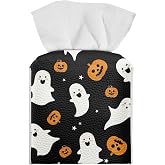 Pzuqiu Halloween Pumpkin Ghost Tissue Box Holder Stylish Leather Square Tissue Box Cover with Metal Button Waterproof Tissue Case for Home Office Car Automotive Decor
