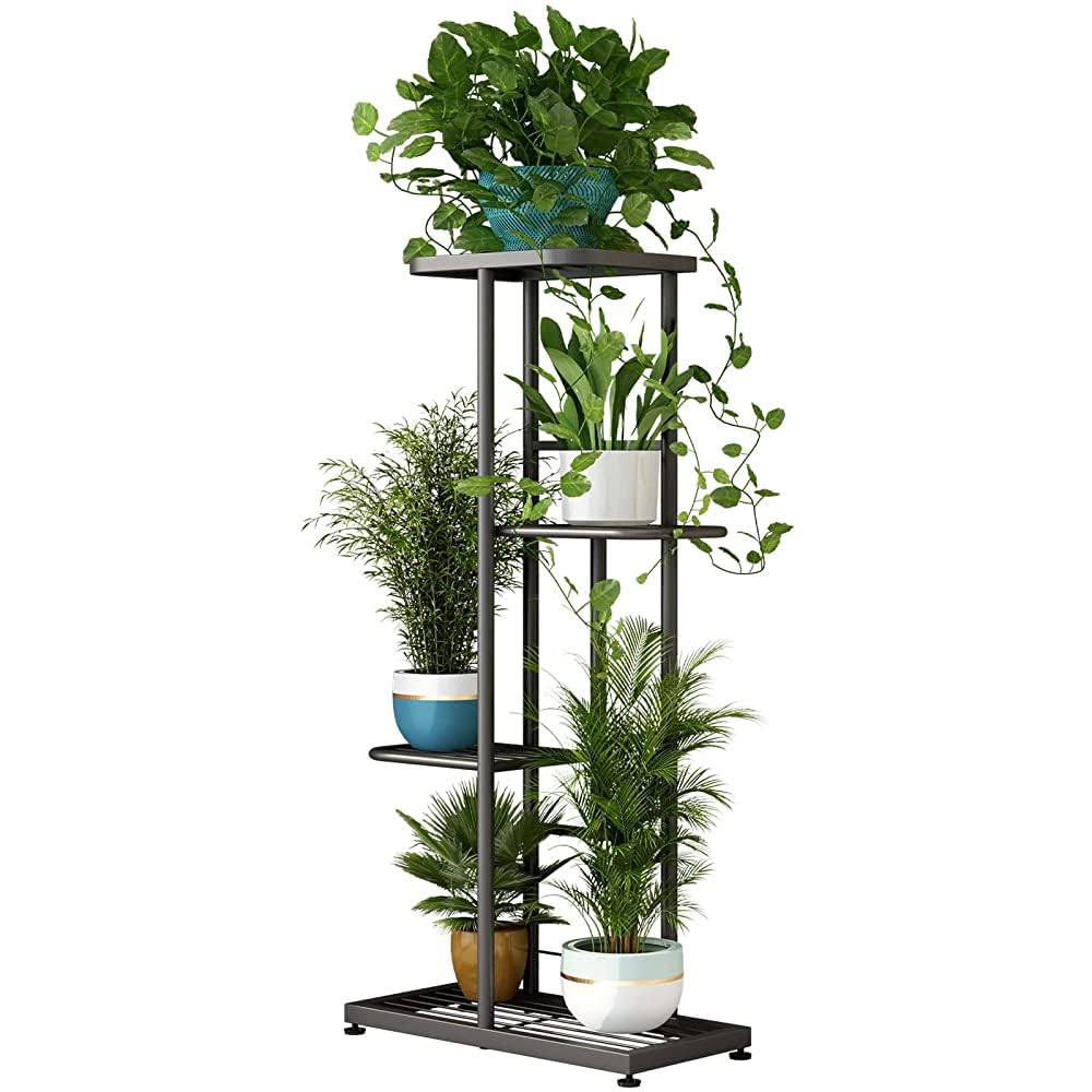 LINZINAR Metal 4 Tier 5 Potted Plant Stand Indoor Outdoor Planter Display Shelf for Patio Garden Corner Balcony Living Room