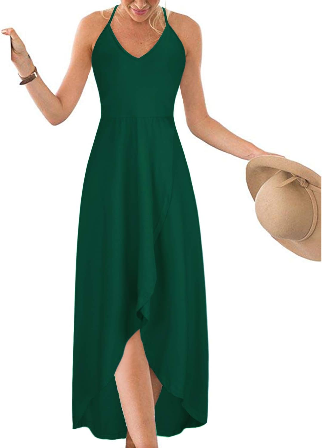 Women's V Neck Sleeveless Casual Summer Sundresses Asymmetrical Patchwork Floral Maxi Dresses