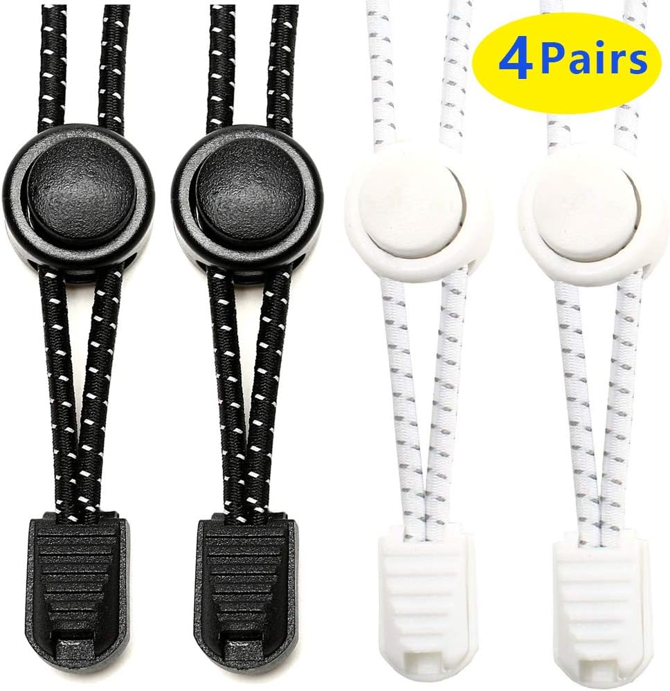 4 Pair No Tie Shoe Lace for Kid and Adult, 120mm Elastic Lazy Shoelaces Perfect for Disabled, Elderly, Runner, Walking Boots and Running Sneakers(Black, White)