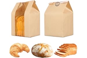 GRANDAN 25 Packs Large Paper Bread Bags for Homemade Bread, Kraft Paper Bakery Bags with Window for Sourdough Toast Packing Storage, Baked Loaf Gifting Bag Bonus Label Seal Stickers 12.6x8.3x4.0 inch