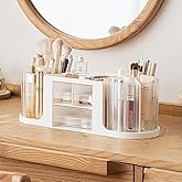 STORICANS 360 Rotating Makeup Brush Holder with 3 Drawers, Makeup Organizer Countertop with 10 Slots Pencil Holder for Countertop + 3 Drawer, Makeup Organizer Countertop for vanity (White (3 Drawer))