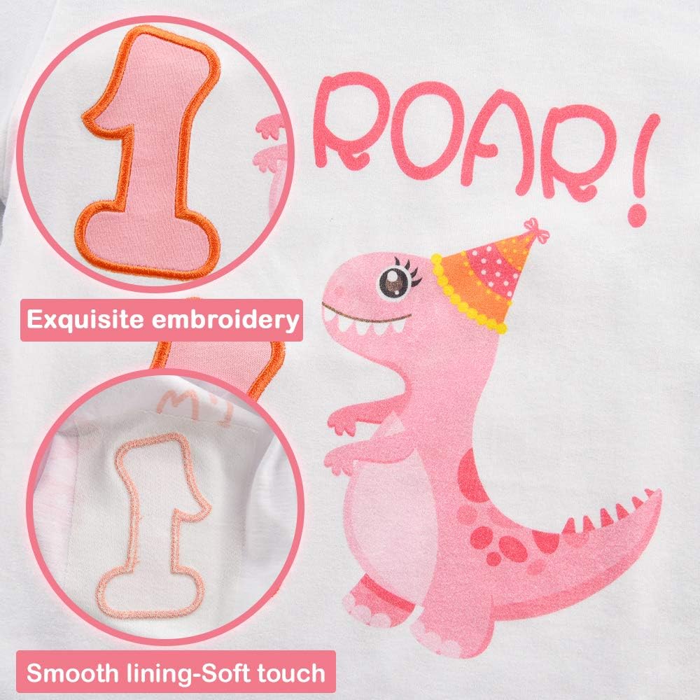 1st Birthday Girl T-Shirt Dinosaur Party B-Day Themed Tee Gift for Baby Dino First Birthday T Shirt Cotton Short Sleeve T-Rex Printed White - Image 4