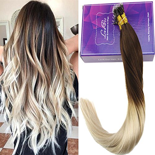 LaaVoo 50g Per Package 20" Real Keratin Human Hair Micro Nano Ring Hair Extensions Brown to Bleach Blonde Ombre Color Straight Human Hair Pre Bonded Cold Fusion Hair