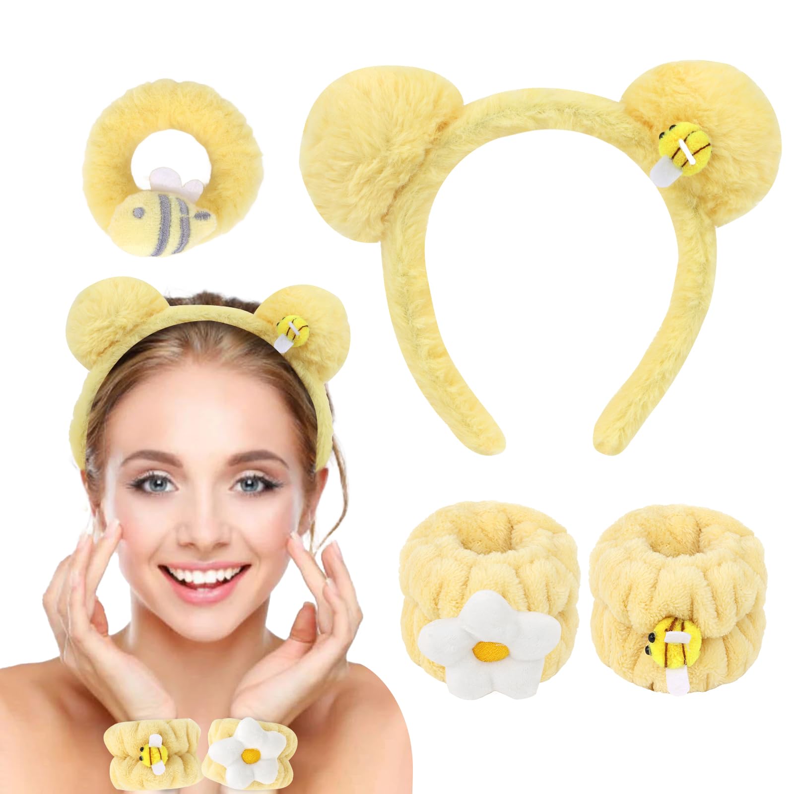 Photo 1 of Amariver Spa Set for Women - Yellow Plush Bear Ears Headband and Wristband Set for Face Washing and Makeup