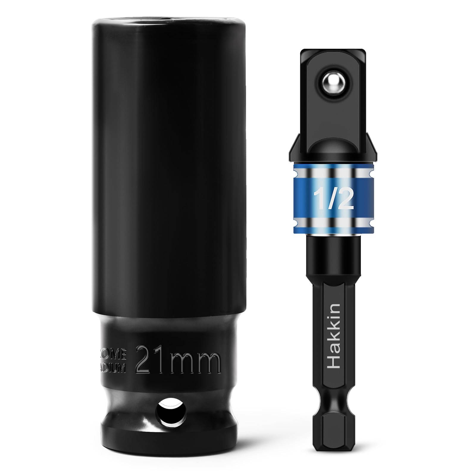 Hakkin 1/2 inch Drive Impact Socket Set 21mm Deep 6-Point Impact Socket and 1/4" Hex Shank to 1/2" Drive Adapter Heavy Duty Chrome Vanadium Steel