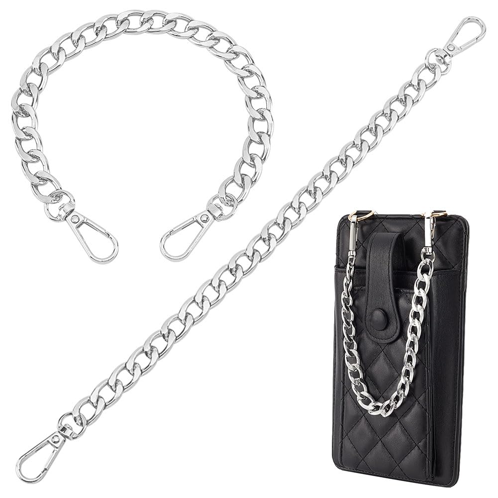 PH PandaHall 2pcs 12 Inch Silver Short Purse Extender Chain Flat Chain Strap Metal Bag Strap Replacement for DIY Metal Shoulder Hand Bag Wrist bag Extended Crossbody Bags Decorations Purses