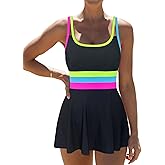 popvil Women One Piece Swimsuit with Skirt Tummy Control Bathing Suit Neon Color Block Swimdress Double Strap U Neck Swimwear