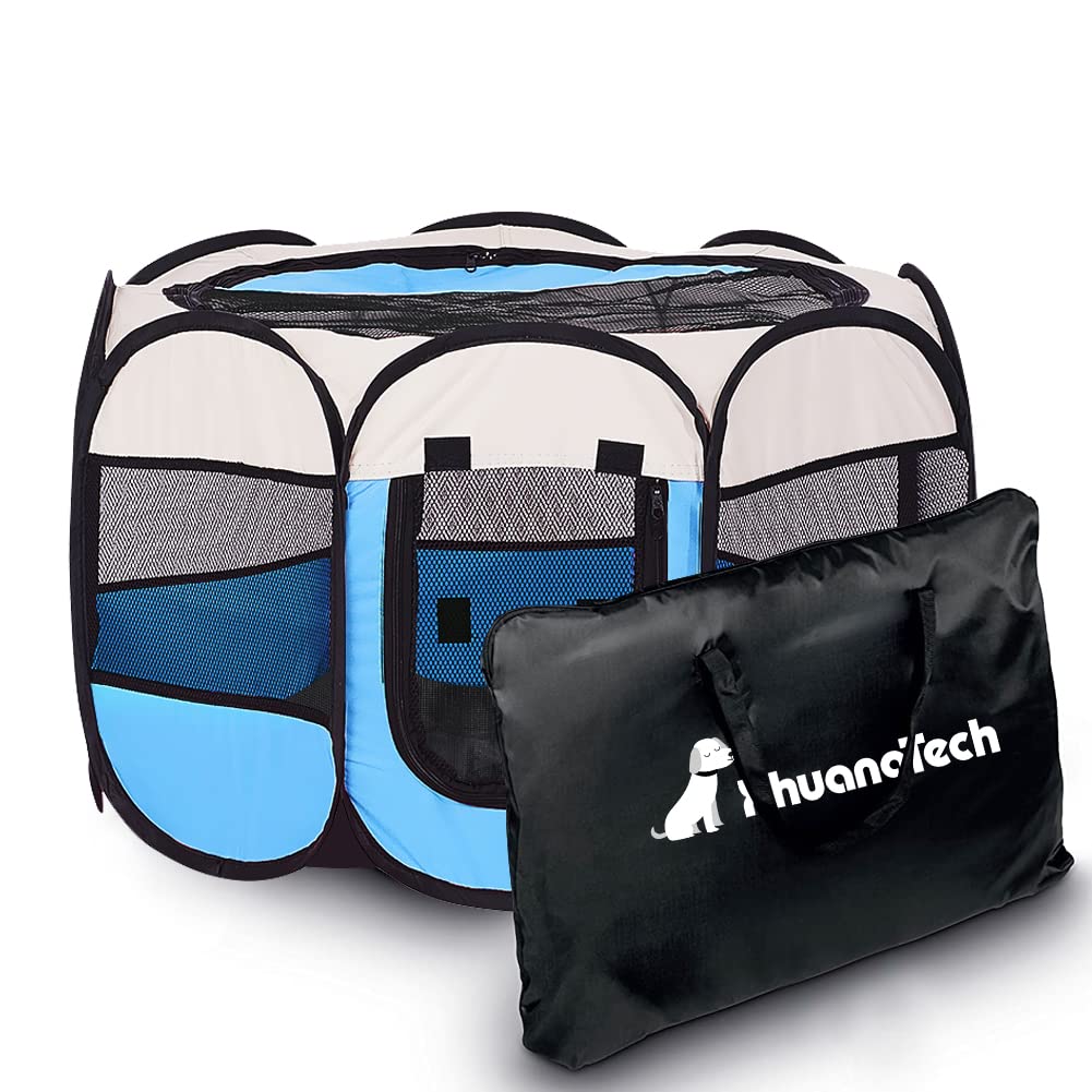 XhuangTech Soft Fabric Portable Foldable Pet Dog Cat Puppy Playpen, Indoor/Outdoor use Pet Kennel Cage Travel Pet Carrier + Carrying Case… (Beige & Light Blue)