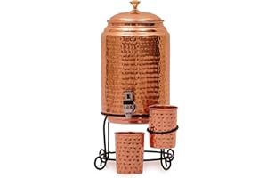 Handcrafted Pure Copper Hammered Water Dispenser with Stand & 2 Copper Glasses | Traditional Drinking Water Pot for Home Kitc