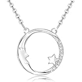 CASSADRA Sterling Silver Necklace for Women Moon and star Dangle Jewelry Necklace Gift