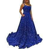 Sparkly Sequins A Line Prom Dresses Long Spaghetti Straps Party Dresses Backless Wide Hem Ball Gowns for Women