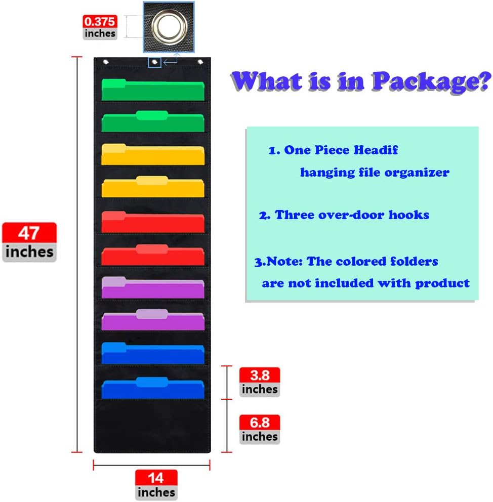 Headif Hanging File Folder Organizer, Over the Door/Wall Mounted 10 Organizer Storage Pocket Chart Perfect for Classroom Organization, School Pocket Chart, Office Paper Storage and Sorter, Home Filing : Office Products