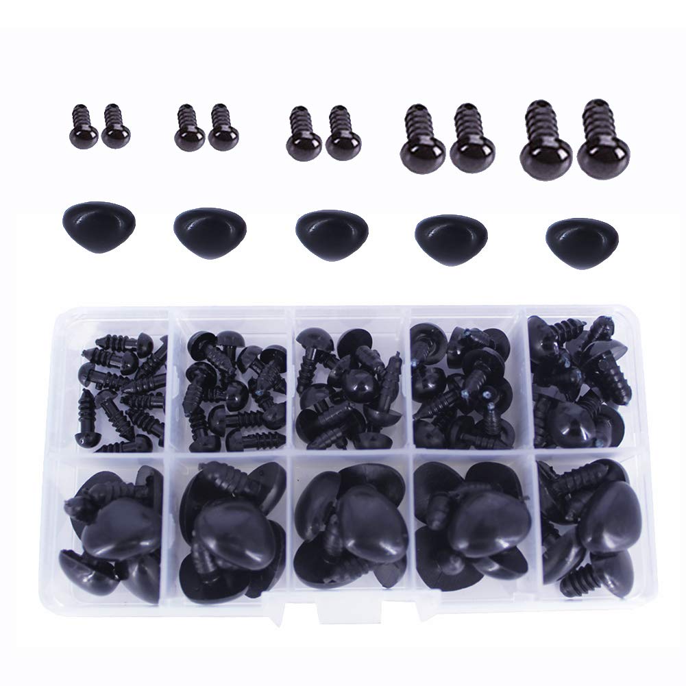 BESTCYC 75pcs(1box) 6/8/9/10/12MM 5 Sizes Black Plastic Safety Eyes and Noses Set for Teddy Bear Doll Animal Puppet Crafts