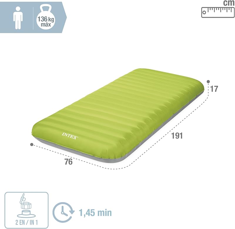 Intex, colchão inflável individual, tapetes de camping, 76x191 cm, fiber-tech, material tpu, leve, confortável, estável e firme, inflador elétrico incluído, cama inflável, colchões infláveis ​​(64097)