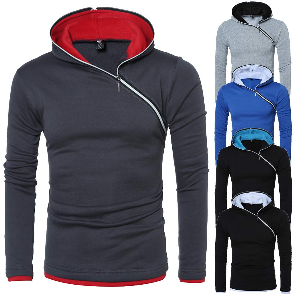 men oblique zipper hooded sweatshirt