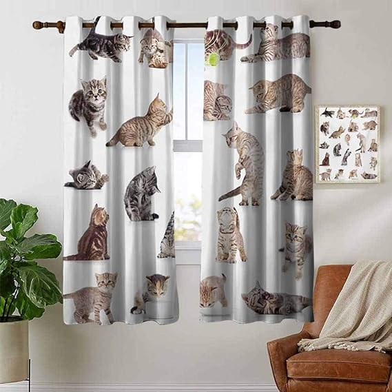grommetCat Drapes Panels Collection of Funny Playful Cats on White
