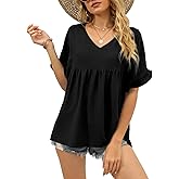 WIHOLL Womens Tops Casual V Neck Ruffle Sleeve T Shirts Babydoll Loose Fit Peplum Tops