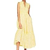 HOULENGS Women's Summer Casual Sleeveless Gingham Maxi Dress 2026 V Neck Ruffle Flowy A Line Tiered Long Sundress