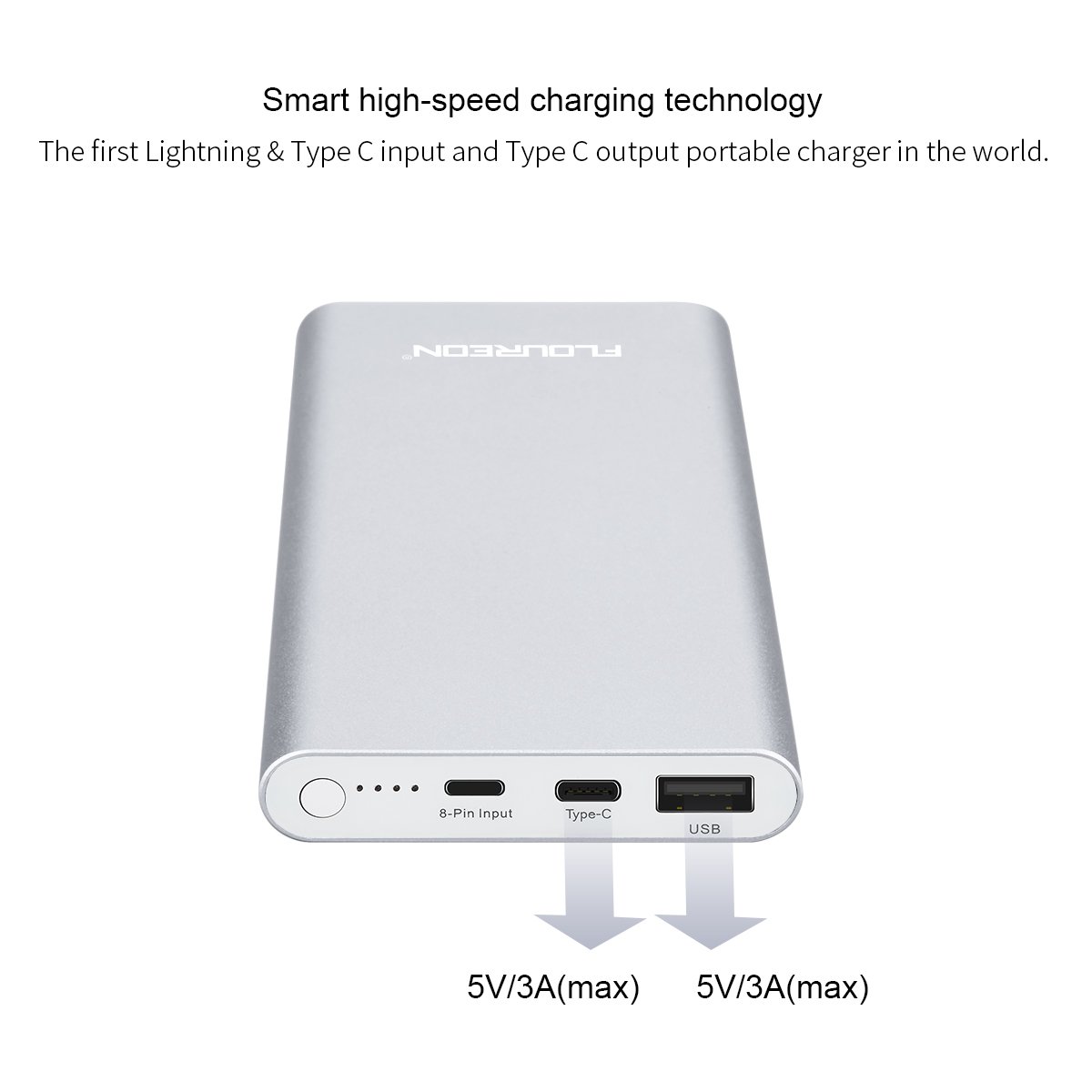FLOUREON 12,000mAh Lighting Power Bank Portable Phone Charger with High-Speed Lighting Type C Input/Output, 3A Fast Charging External Battery Charger with High-Speed Lighting Type C Input/Output, 3A Fast Charging for iPhone 8/ 8 Plus/ X/ 7/