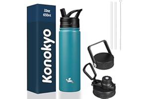 Konokyo Insulated Water Bottle with Straw,22oz 3 Lids Metal Bottles Stainless Steel Water Flask,Light Blue