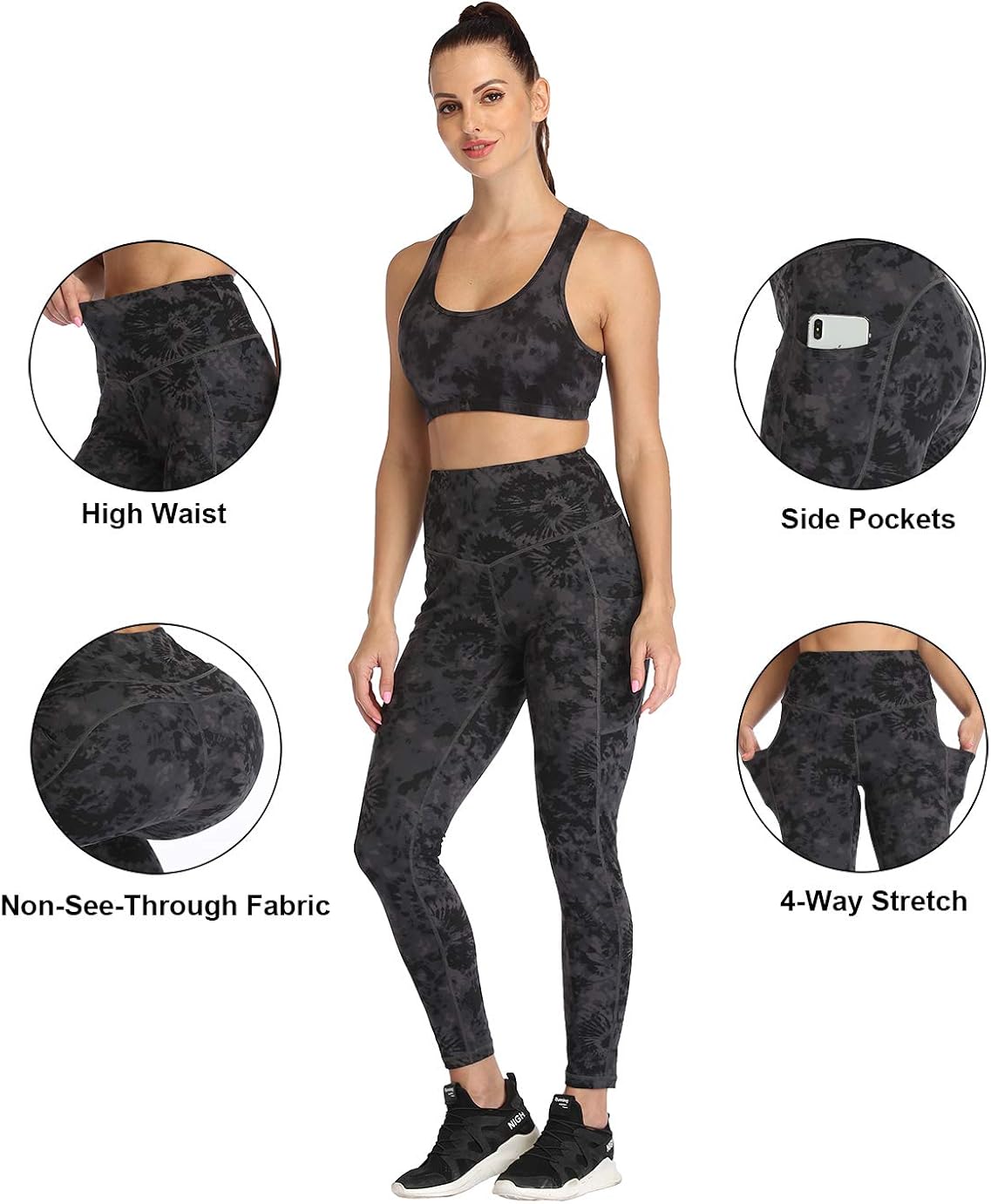 UURUN High Waist Yoga Pants Printed Workout Running Tie Dye Leggings with Pockets - Non-See-Through Fabric: Clothing