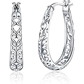 JSGEMSLEE 925 Sterling Silver Vintage Filigree Hoop Earrings Lightweight Oval Hoop Earrings for Women Hypoallergenic Earrings