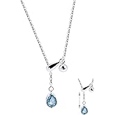 Zikichiky Aquamarine Silver Lariat Necklace for Women-925 Sterling Silver Teardrop Pendant Necklace Slip Chain Light Blue Birthstone Adjustable Jewelry