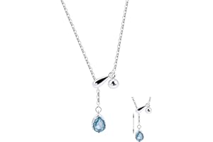 Aquamarine Silver Lariat Necklace for Women-925 Sterling Silver Teardrop Pendant Necklace Slip Chain Light Blue Birthstone Ad