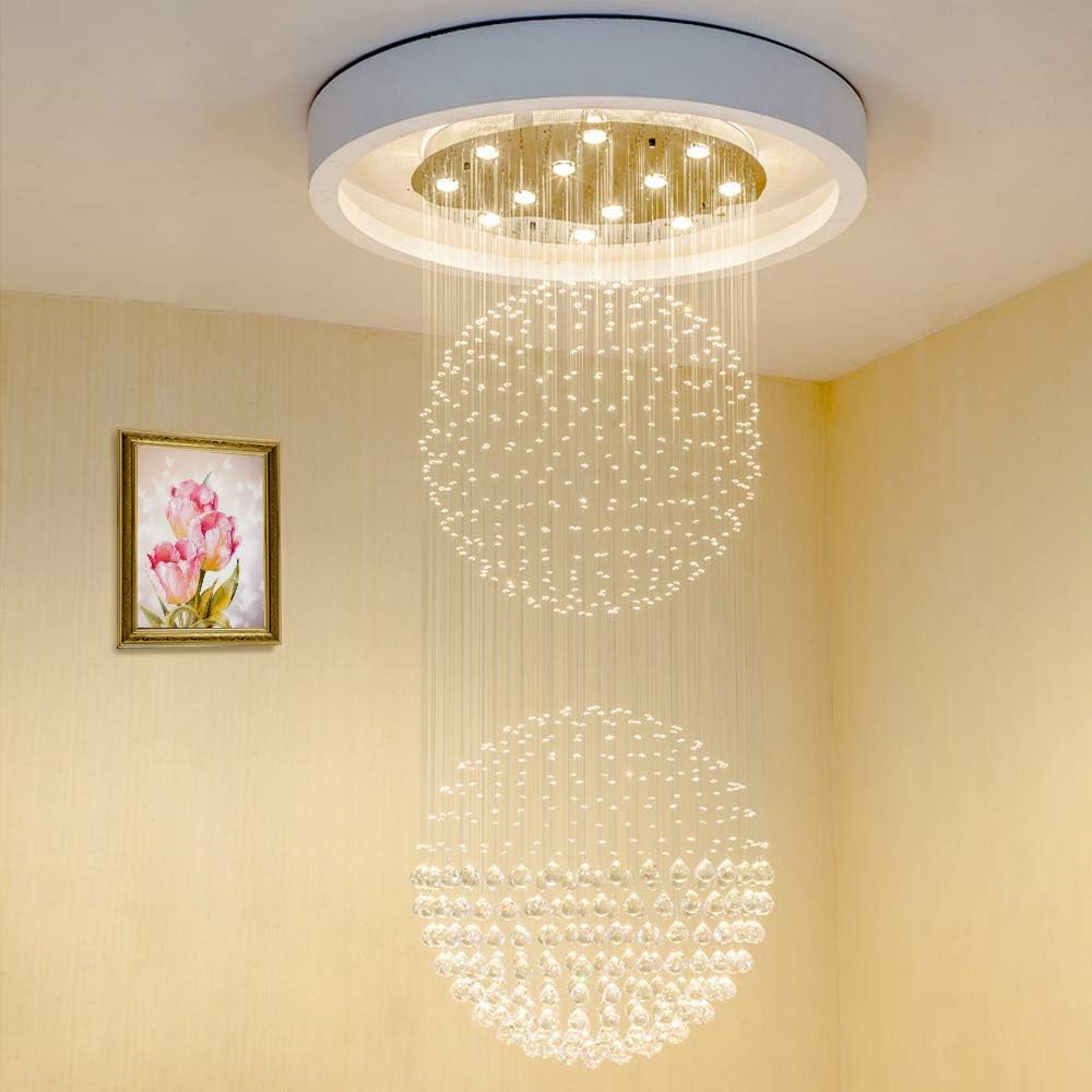 SEFINN FOUR K9 Crystal Flush Mount Raindrop Sphere Ceiling Fixture Downright Light Chandelier, 83”H x 26”D, Two-Ball