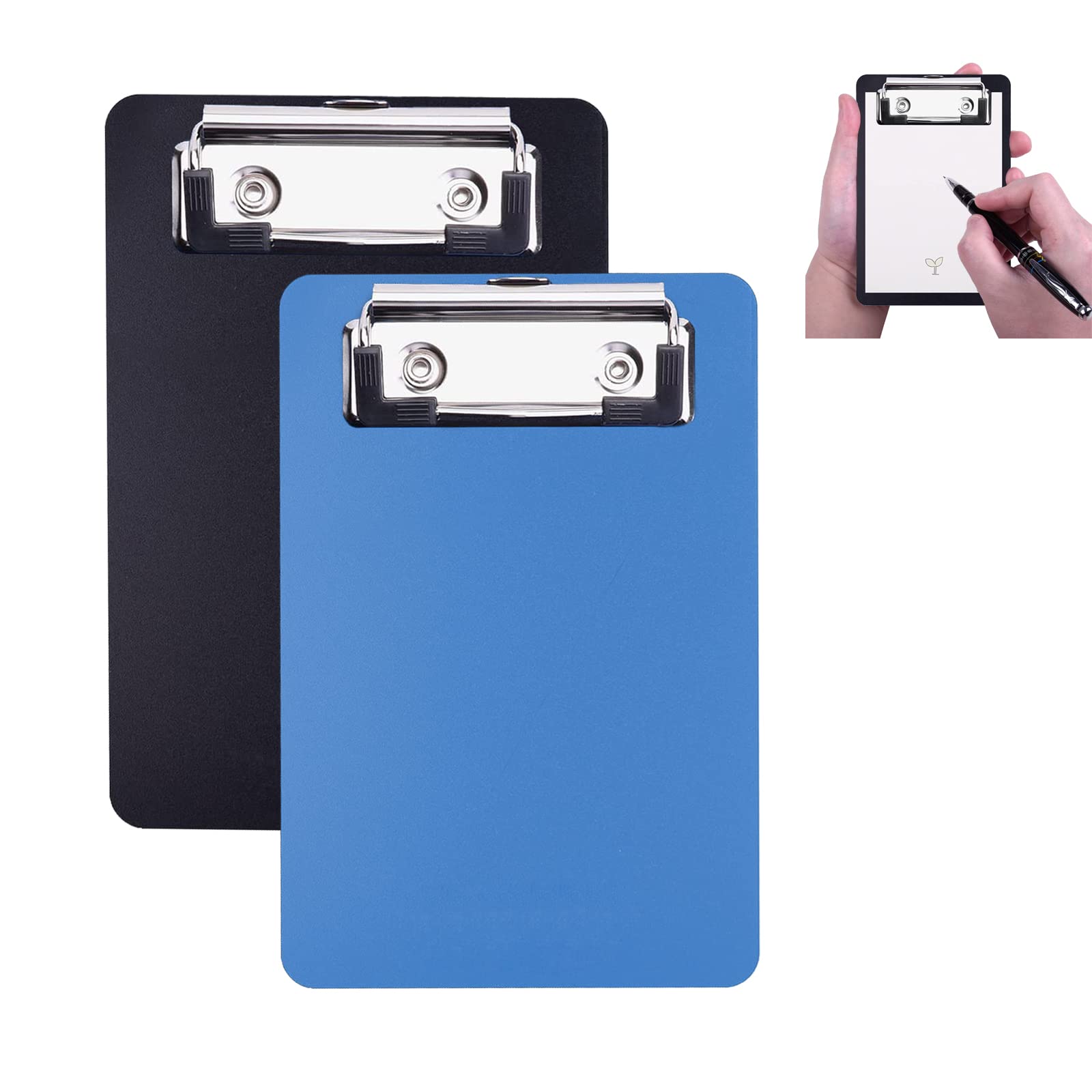 AZWOOD Mini Clipboard, 10 x 15 cm Plastic Writing Plate, Small Clipboards with Clamping Mechanism and Hanging Eyelet for Notepads, Receipts, Pocket Lists (Black, Blue)