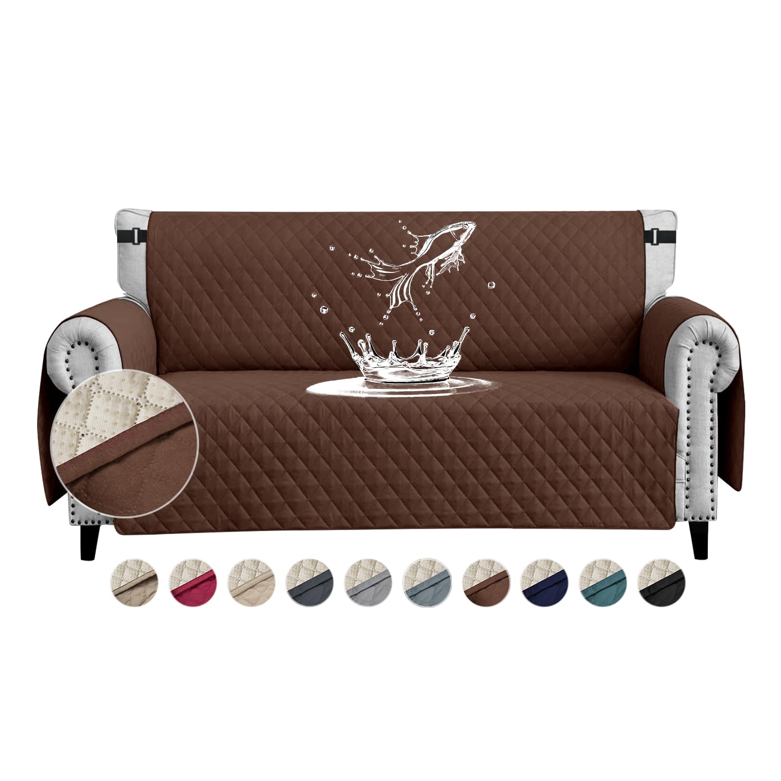 FIGOOO Sofa Covers Water Resistant Sofa Slipcovers 2 Seater Waterproof Anti-Slip Anti-Scratch Sofa Cover with Non Slip Elastic Straps for Dogs Cats Pets,Coffee